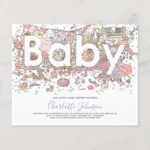 Flyer Chuva de Bebê Elefante Aquarela Orçamento Roxo