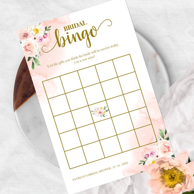 Flyer Chuveiro de Noiva Bingo Floral Bege Rosa Dourado (Criador carregado)