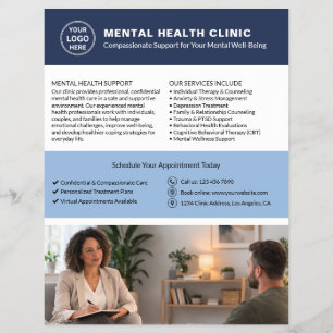 Flyer Clínica de Saúde Mental QR com Logotipo Personaliz