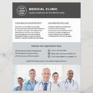 Flyer Clínica Médica Bilíngue Inglês Espanhol Cinza