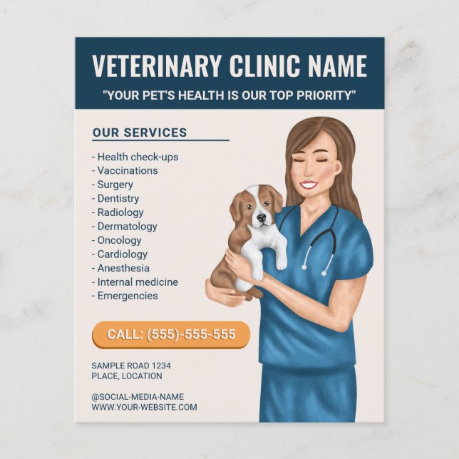 Flyer Clínica Veterinária Serviços Veterinários Cuidados (Frente)
