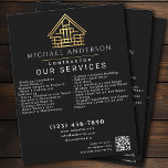 Flyer Código QR da Construção de Construção de Edifício<br><div class="desc">Um folheto de negócios simples e minimalista apresenta seu nome, título, serviços e um Código QR. Esses folhetos de negócios estéticos de luxo atraem atenção, com um design único moderno, e apresentam um toque refinado. Excelente para contratantes privados ou comerciais de diversos domínios. A face das placas apresenta cores de...</div>