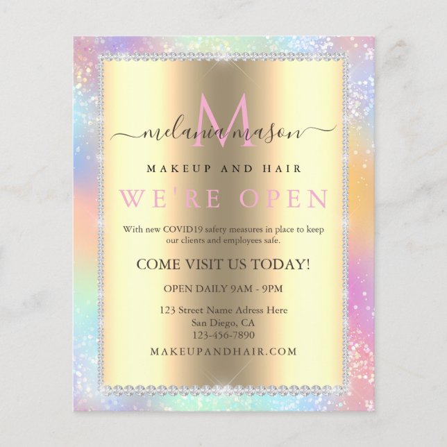 Flyer Colorida Pastel Holographic Glitter Diamantes Salã (Frente)