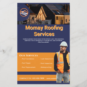 Flyer Contratante de Telhados Azul Dourado Branco Person