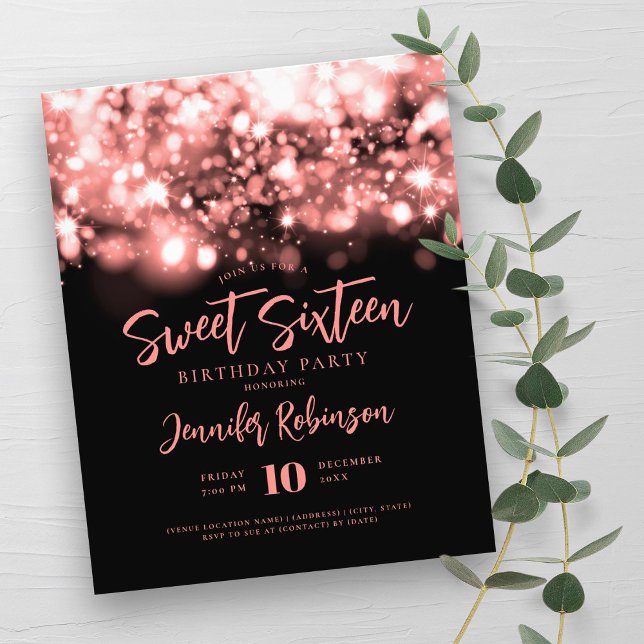 Flyer Convidado 16 do Elegante Budget Rosa Dourado Spark (Elegant Budget Rose Gold Sparkle Sweet 16 Invite Flyer)