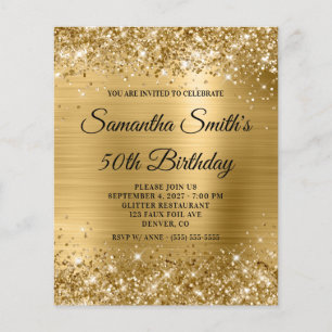 Flyer Convidado de aniversário Glittery Dourado Glam 50t
