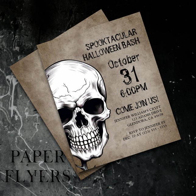 Flyer Convite à Festa Negra de Halloween Preta de Crânio (Set the mood with eerie invites, perfect for a haunting night! Save with flyers for large parties!)