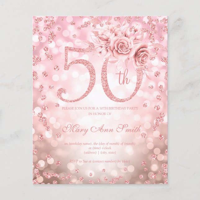 Flyer Convite à Luz de Aniversário para rosa Dourado Flo (Frente)