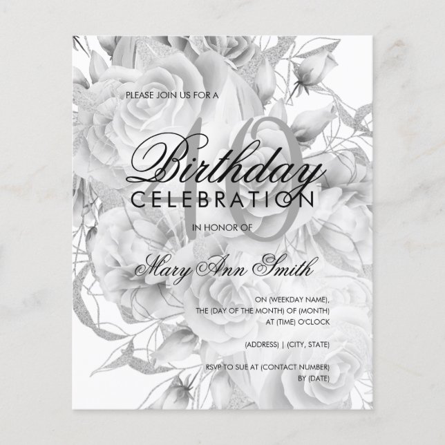 Flyer Convite Branco de Prata Floral Elegante aniversári (Frente)
