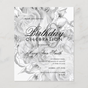 Flyer Convite Branco de Prata Floral Elegante aniversári