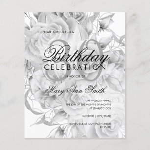 Flyer Convite Branco de Prata Floral Elegante aniversári