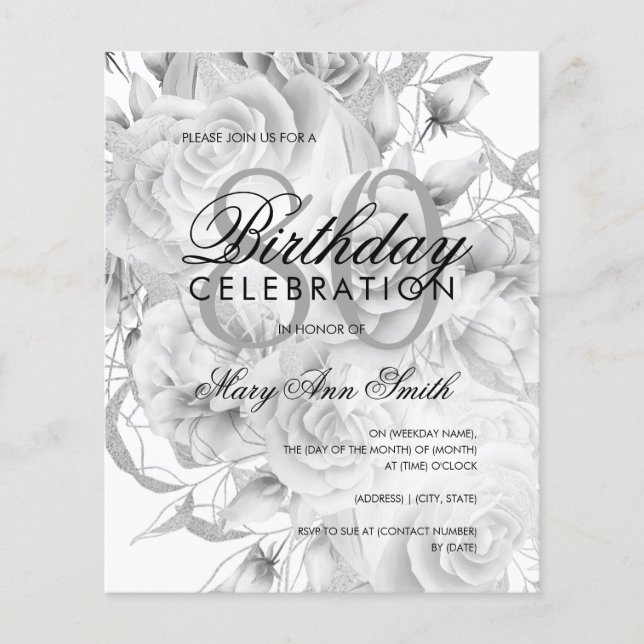 Flyer Convite Branco Floral de Prata Floral de Aniversár (Frente)