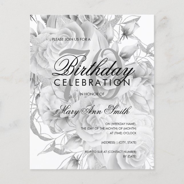 Flyer Convite Branco Floral de Prata Floral de Aniversár (Frente)