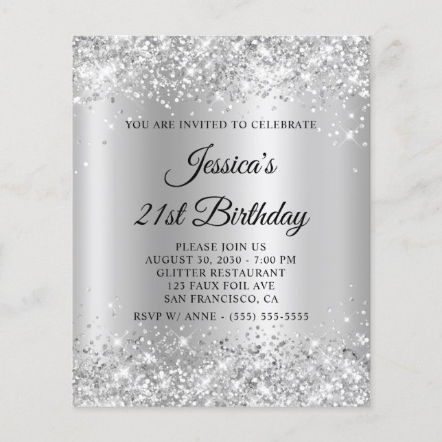 Flyer Convite Brilhante Prateado de Aniversário de 21 An (Frente)