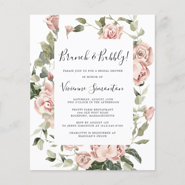 Flyer Convite Bubbly para Brunch com Rosa Floral Rosa An (Frente)