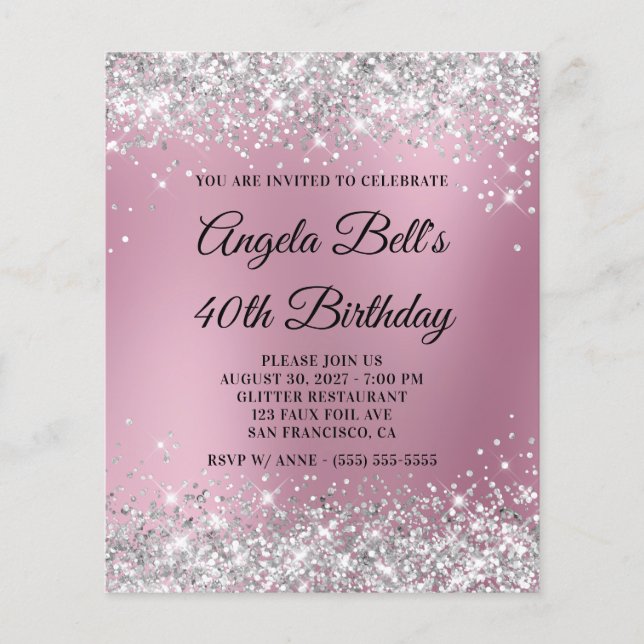 Flyer Convite de 40º Aniversário Prata Brilho Rosa Desfo (Frente)