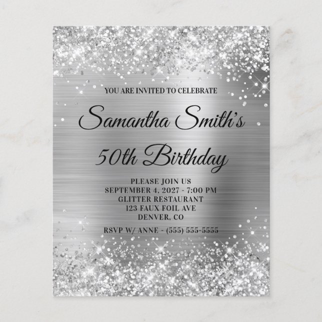 Flyer Convite de 50º Aniversário Glam Glittery Silver (Frente)