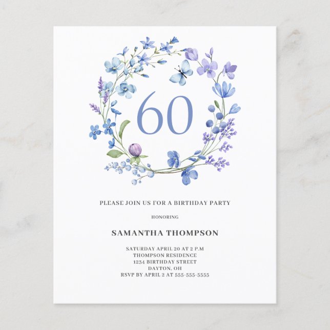 Flyer Convite de 60º aniversário floral azul orçamento (Frente)