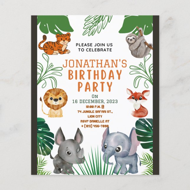 Flyer Convite de Aniversário Animais da Selva Fofos (Frente)