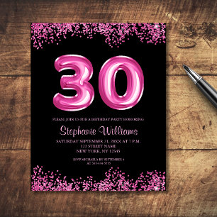 Flyer Convite de aniversário de 30 anos preto-rosa para