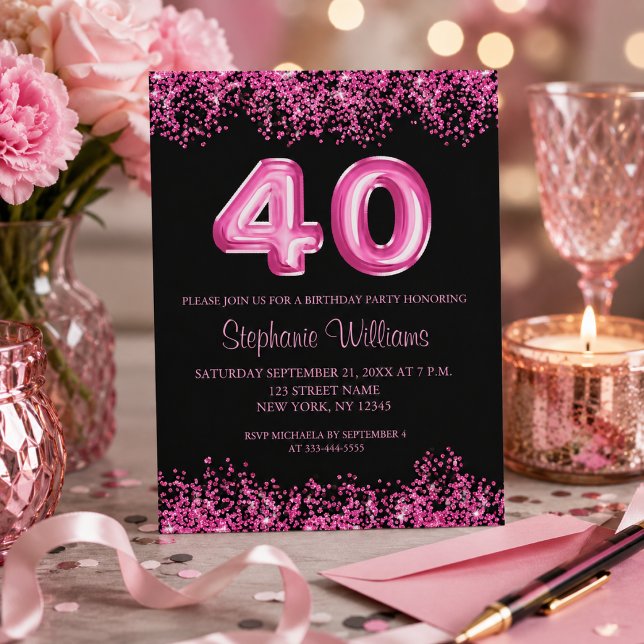 Flyer Convite de Aniversário de 40 Anos Preto e Rosa Gla (Add details to customize your invitation.  Please see collection for matching items.)