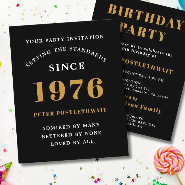 Flyer Convite de Aniversário de 50 anos Orçamento de 197 (1976 birthday budget invitation. White background.)