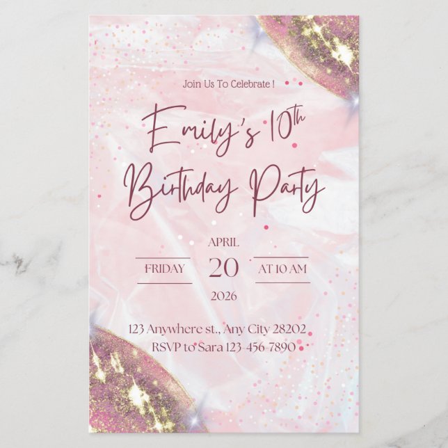 Flyer Convite de aniversário de Confetti rosa e Dourado (Frente)