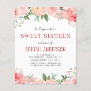Flyer Convite de Aniversário de Sweet 16 Floral Coral Ec