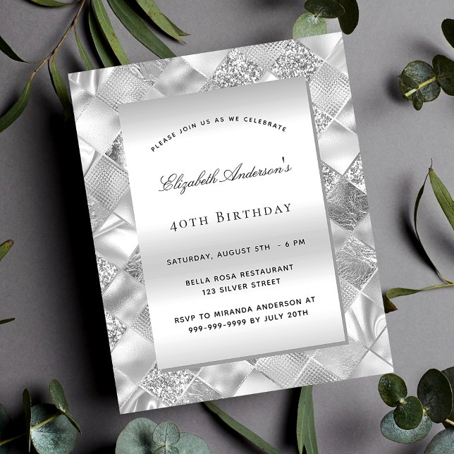 Flyer Convite de aniversário elegante moderno prateado (Criador carregado)