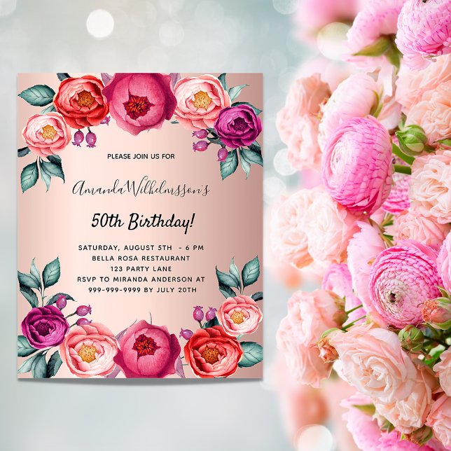 Flyer Convite de aniversário floral em rosa dourado por  (Criador carregado)