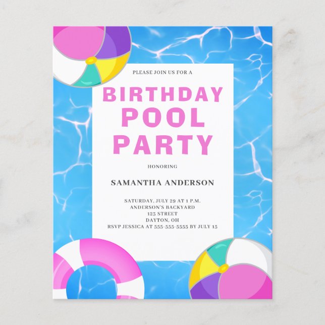 Flyer Convite de Aniversário para Partido de Piscina de  (Frente)