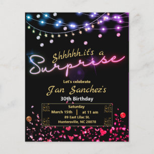 Flyer Convite de aniversário para surpresa em preto e ou