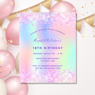 Flyer Convite de aniversário rosa roxo brilho orçamento