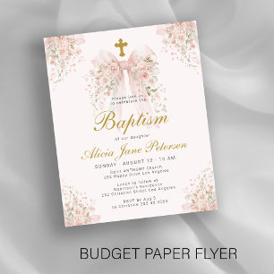 Flyer Convite de batismo de menina floral com laço rosa