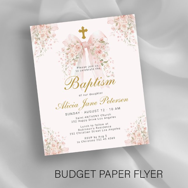 Flyer Convite de batismo de menina floral com laço rosa  (Criador carregado)