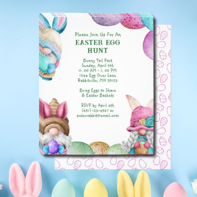 Flyer Convite de Caça aos Ovos da Páscoa dos Gnomos Coel (Colorful Bunny Gnomes Easter Egg Hunt Invitation Flyer)