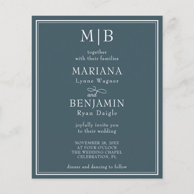 Flyer Convite de Casamento Azul Minimalista Moderno com  (Frente)
