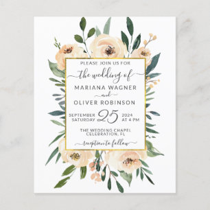 Flyer Convite de casamento bege dourado preto floral orç