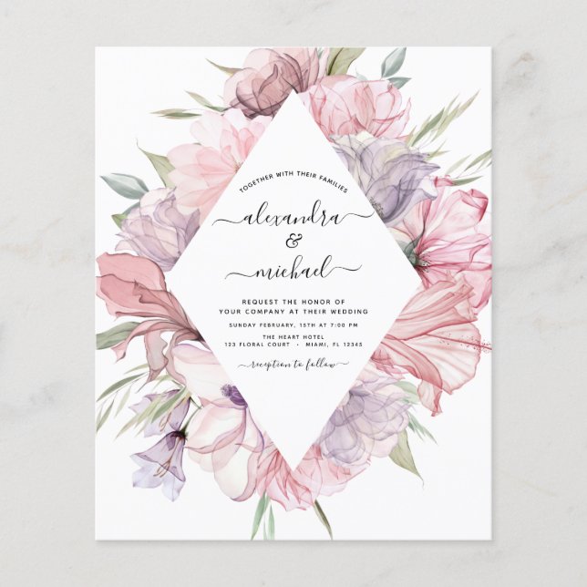Flyer Convite de Casamento Boho Rosa Poeira Roxo Orçamen (Frente)