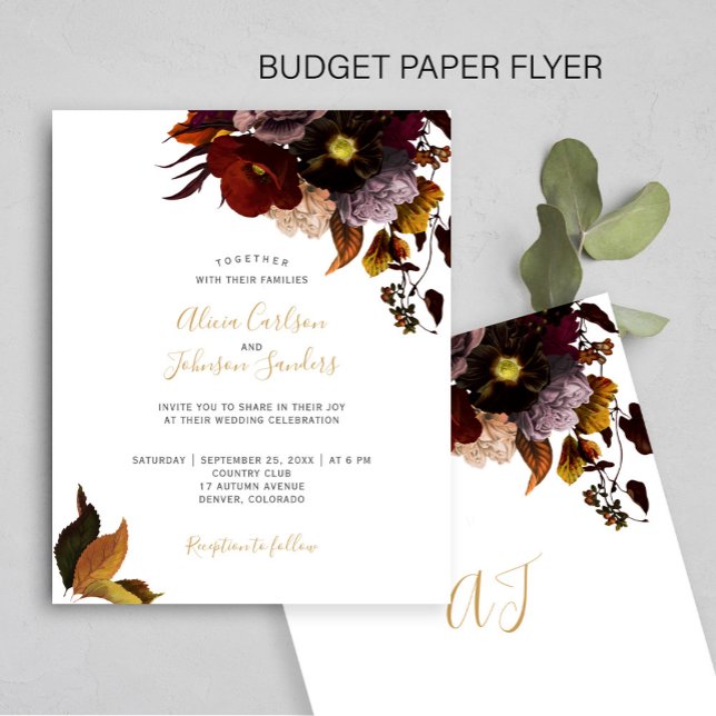 Flyer Convite de casamento BUDGET rústico floral outono  (Criador carregado)