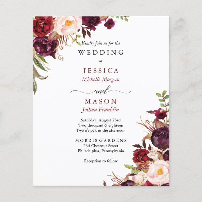 Flyer Convite de Casamento Burgundy Marsala Orçamento (Frente)