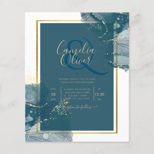 Flyer Convite de casamento Chic Dourado de Álcool Azul P (Frente)