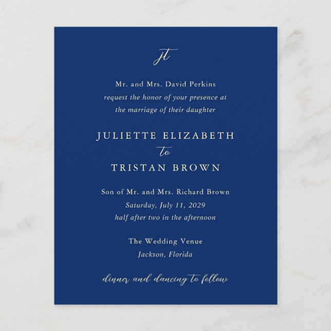 Flyer Convite de Casamento Clássico Elegante Azul Marinh (Frente)