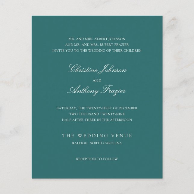 Flyer Convite de Casamento Clássico Old Money Teal (Frente)