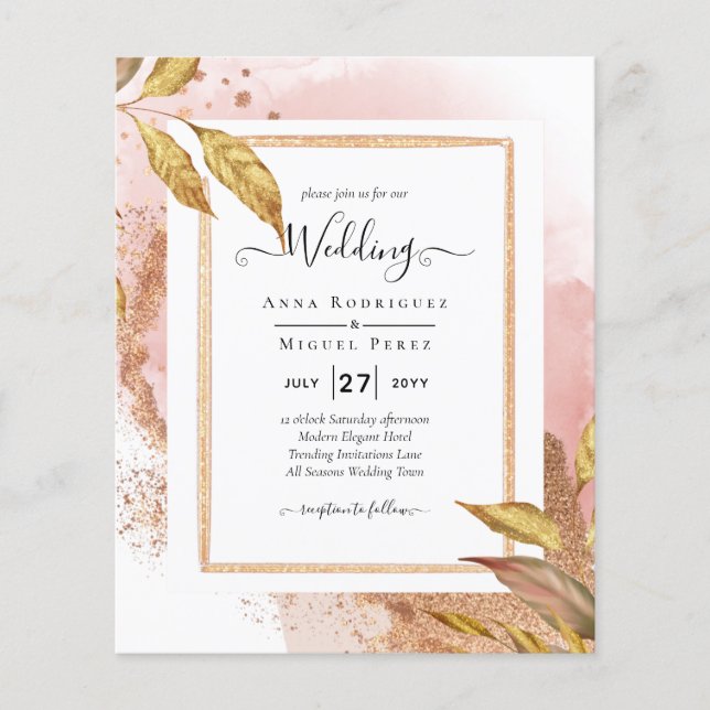 Flyer Convite de Casamento com Folhas Dourado Rosa e Cód (Frente)