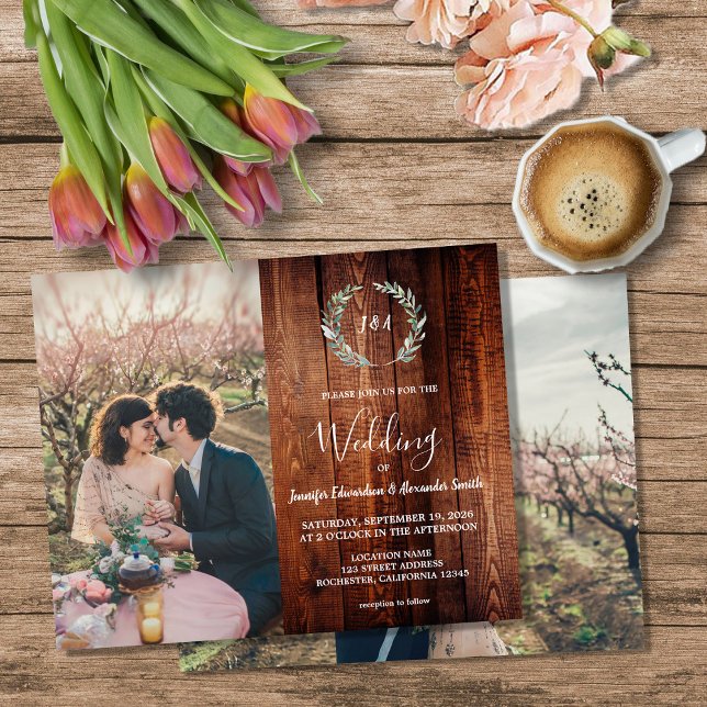 Flyer Convite de casamento com foto de monograma de made (Budget barn wood monogram photo Wedding invitation Flyer. You can add your own photos to personalize)