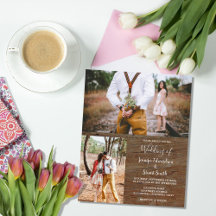 Convite de casamento com foto em madeira rústica e