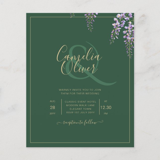 Flyer Convite de casamento da WISTERIA Roxa Verde LeahG (Frente)
