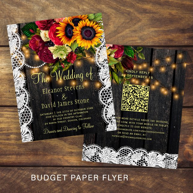 Flyer Convite de casamento de madeira floral rústico QR  (Criador carregado)