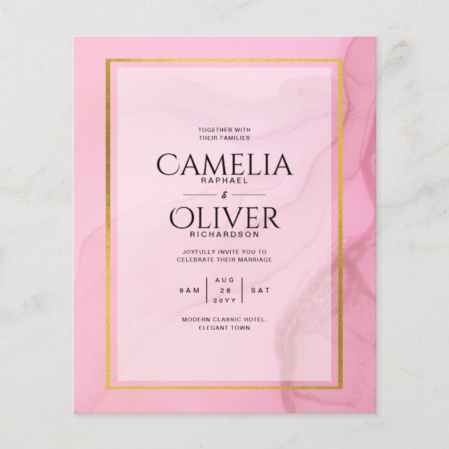 Flyer Convite de casamento de Mão Dourada rosa branco Le (Frente)